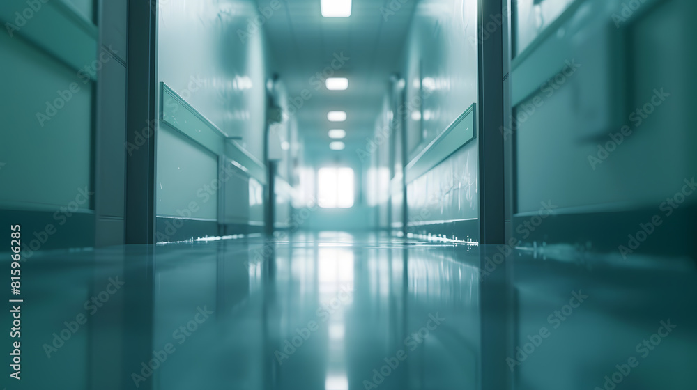 Poster bright empty defocused hospital corridor background with copy space : generative ai