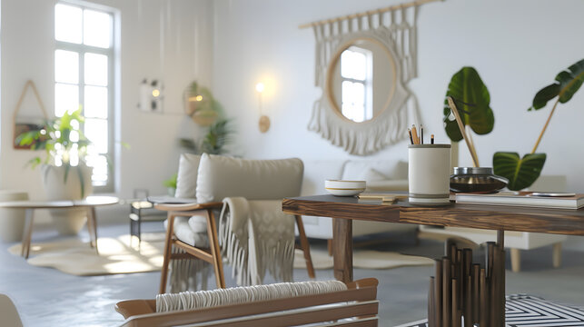 Modern and design home interior of open space with wooden desk coffee table sofa chair plants mirror macrame and elegant accessories Stylish and minimalistic home decor Template Bright : Generative AI - Powered by Adobe