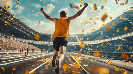 An athlete runs along a treadmill in a stadium, celebrates a victory at a competition, golden confetti falls on him, a victory at the Olympic Games or a championship.