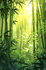A serene bamboo forest bathed in soft sunlight, with slender bamboo stalks stretching towards the sky and lush green foliage filtering the dappled light, creating a tranquil oasis of natural beauty.