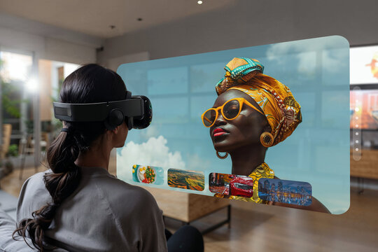 Woman in virtual reality headset viewing design mockup. Generative AI