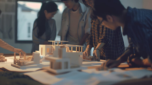 Group of interior designer team in meeting discussing with engineer on interior design and planning for house project blueprint and model choosing various mood board materials Insight : Generative AI