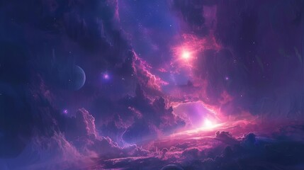 ethereal nebula panorama with glowing stars and distant planets digital painting