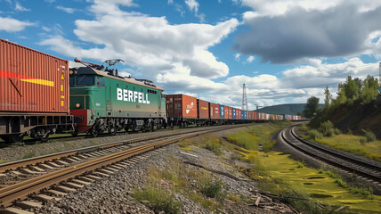 Fototapeta premium Freight train. Rear view of the last wagon of a freight train. Wagons with goods delivery. Distribution and freight transportation using railroads.