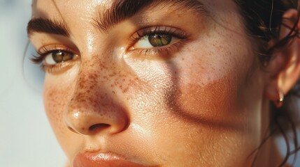 Fototapeta premium Closeup of a woman's face with glowing, healthy skin and natural makeu
