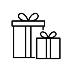 Two gift boxes with ribbon and bow outline icon. Editable stroke. Birthday, holiday, Christmas, New Year symbol 