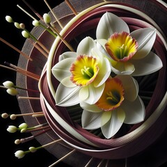 Vibrant Yellow-Orange Narcissus Bloom, Narcissus flower close-up, ikebana art