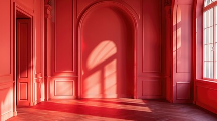 Interior design with trendy red walls and doorways Fashionable and stylish interior decor