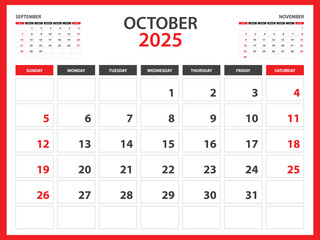 Monthly calendar template for 2025 year - October 2025  year, Week Starts on Sunday, Desk calendar 2025 design, Wall calendar, planner design, stationery, printing media, red background, vector