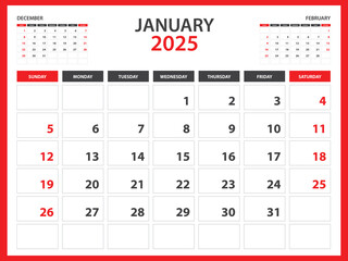 Monthly calendar template for 2025 year - January 2025  year, Week Starts on Sunday, Desk calendar 2025 design, Wall calendar, planner design, stationery, printing media, red background, vector