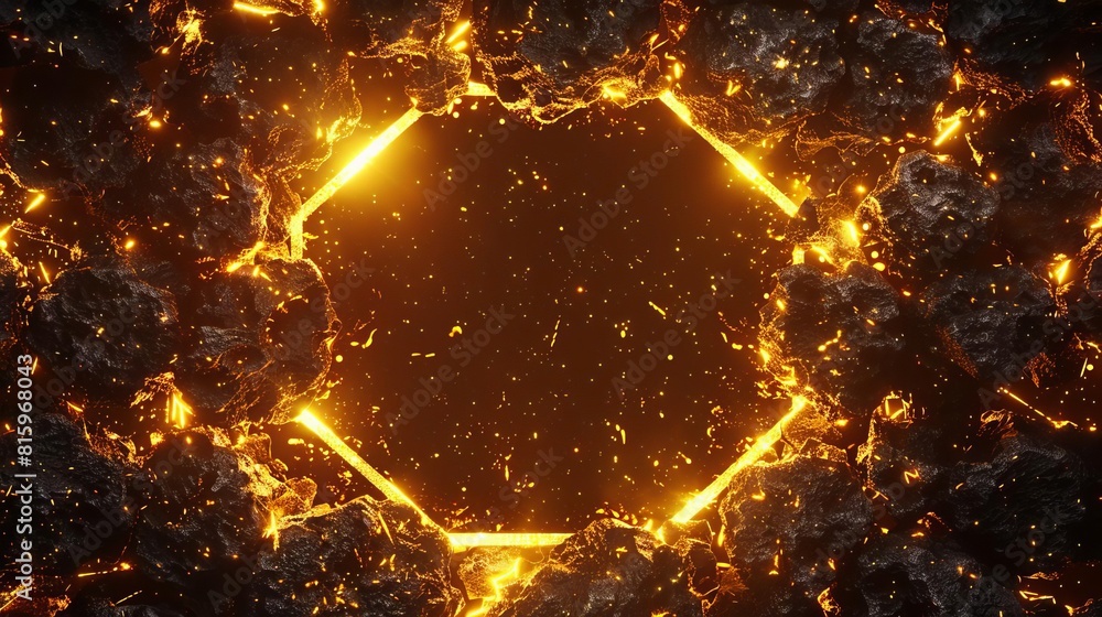 Poster explosive hexagonal gold abstract background with lava rock border 3d illustration