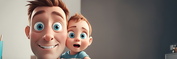  Father's day in modern animation with dad and his child - happy family from good parenting 