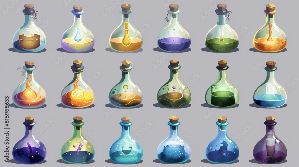 Aufkleber potion bottle animation for game app. liquid formula flask for antidote or elixir sprite sheet. fant