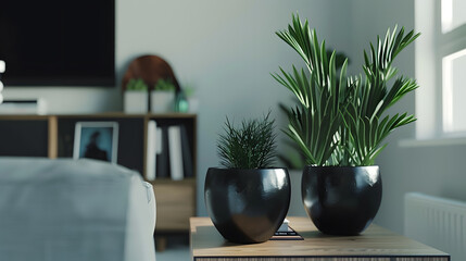 Modern scandinavian home interior with mock up photo frame design wooden commode plants in black pots gray sofa books and personal accessories Stylish home decor Template Ready to use : Generative AI