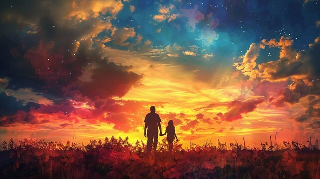 family silhouette walking towards vibrant sunset sky symbolizing christian faith and unity digital illustration