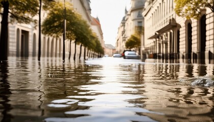 Water flooding a city street, captured to show the impact of extreme rainfall and flash flooding 