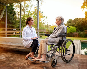 Senior, doctor and person in wheelchair outdoor with consultation, advice and retirement...