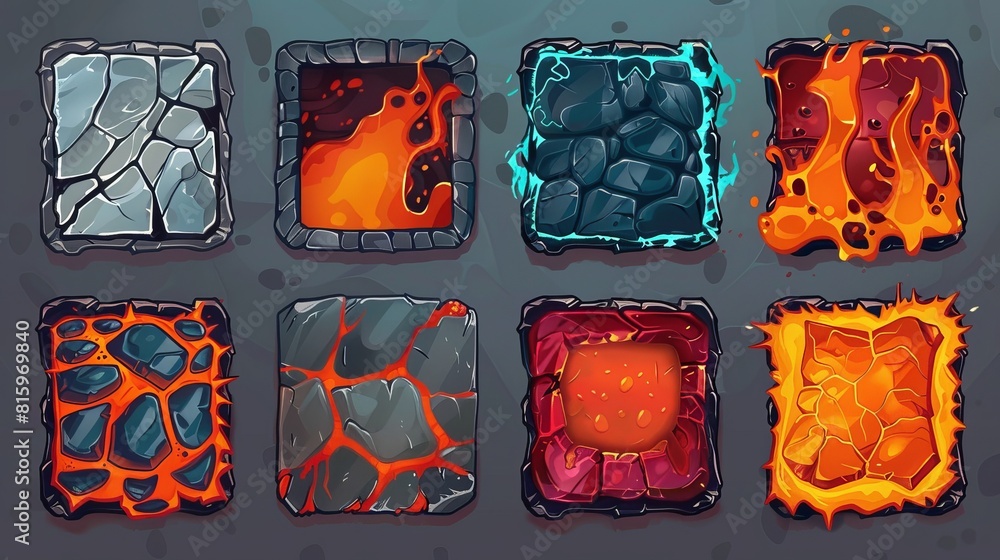 Poster in the video game interface, there's a stone with lava texture. a crack ui button with a volcano on 