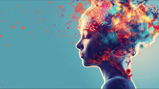 illustration woman with eyes closed, showing brain activity and creative ideas flowing from her on a blue background, creativity in art and imagination