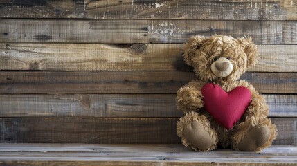 A charming image captures a Teddy bear sweetly clutching a heart shaped pillow on a rustic plank wood backdrop