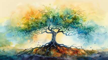 A watercolor painting of a large tree with deep roots in front of a yellow and blue background.