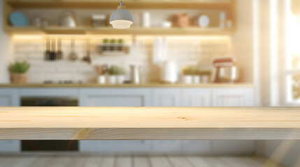 Empty beautiful wood table  top counter  and blur bokeh modern kitchen interior background in clean and brightBanner Ready for product montage : Generative AI