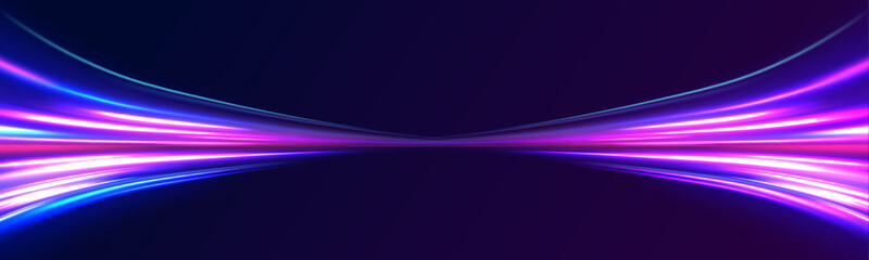 Acceleration speed motion on night road. Magic moving fast speed police lines. Blurred car light motion effect, city road background with long exposure night lights.