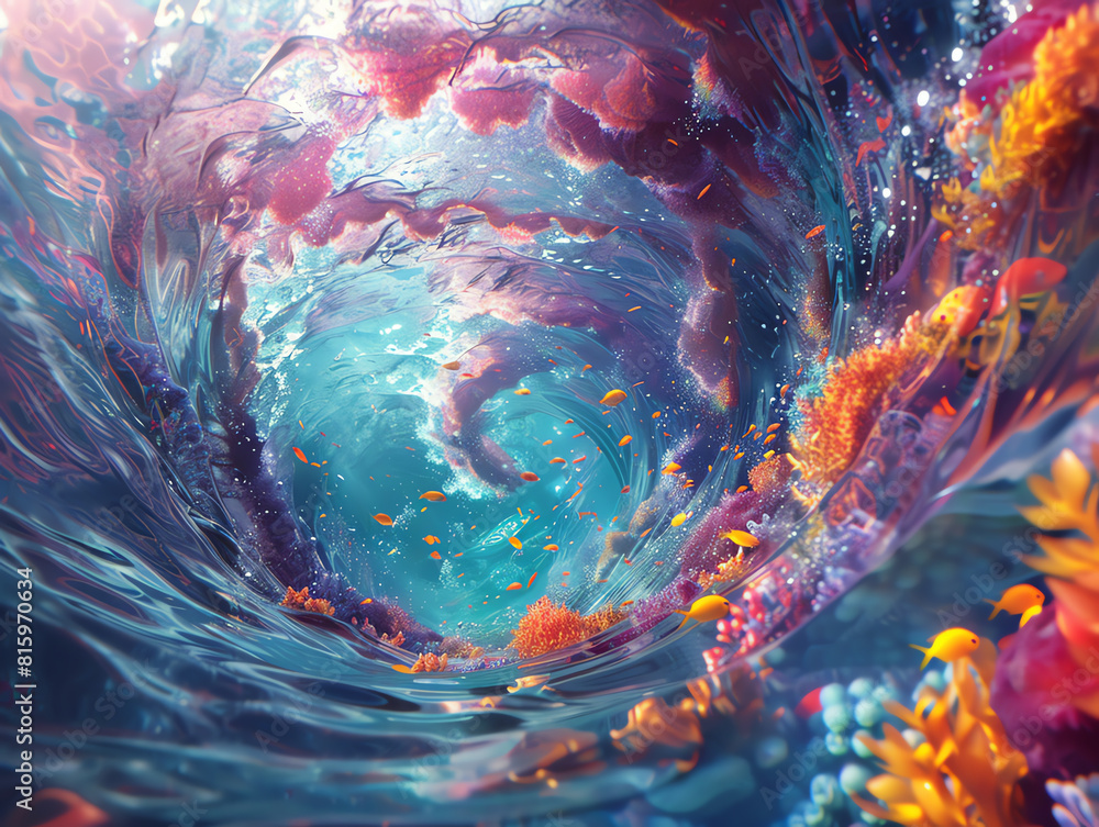 Poster explore unexpected camera angles in a 3d digital artwork depicting an underwater world merging with 