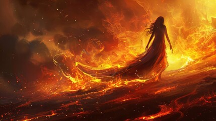 fiery woman walking through flames formidable and resilient digital painting