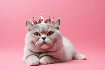 British gray cat wearing golden crown with rubies like a queen, laying on pink solid background. Fashion beauty for pets. Royal pleasure.