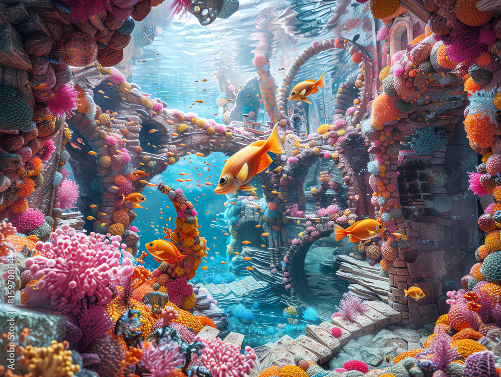 Poster explore unexpected camera angles in a 3d digital artwork depicting an underwater world merging with 