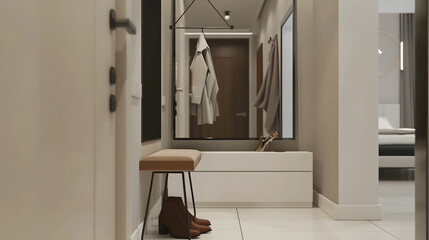 Minimalist hallway with modern interior design in contemporary apartment Comfortable shoe storage bench near black frame mirror on white wall Wooden coat hanger in hall with chest draw : Generative AI - Powered by Adobe