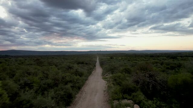 Camino de tierra vista a&eacute;rea de dron. Autos pasando por camino de ripio. Footage de saturaleza, campo, rural, aventura, ruta.