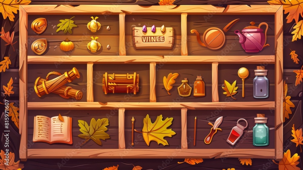 Poster autumn fantasy game shop ui interface with wood frame background. gui purchase button in fall store 