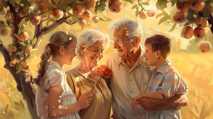 Grandparents and Grandchildren Sharing Stories and Laughter during Golden Hour in a Family Orchard Generative ai