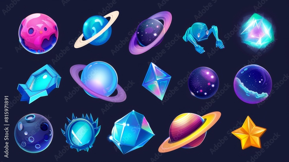 Poster set of 3d space game icons. plastic object with alien, galaxy universe planet, joystick and joystick