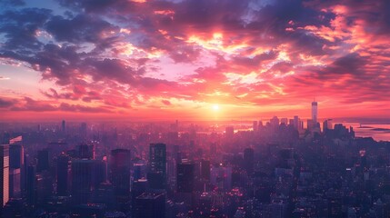 Obraz premium Majestic Urban Skyline at Dawn with Glowing Sky and Silhouetted Skyscrapers in a Sprawling Cityscape