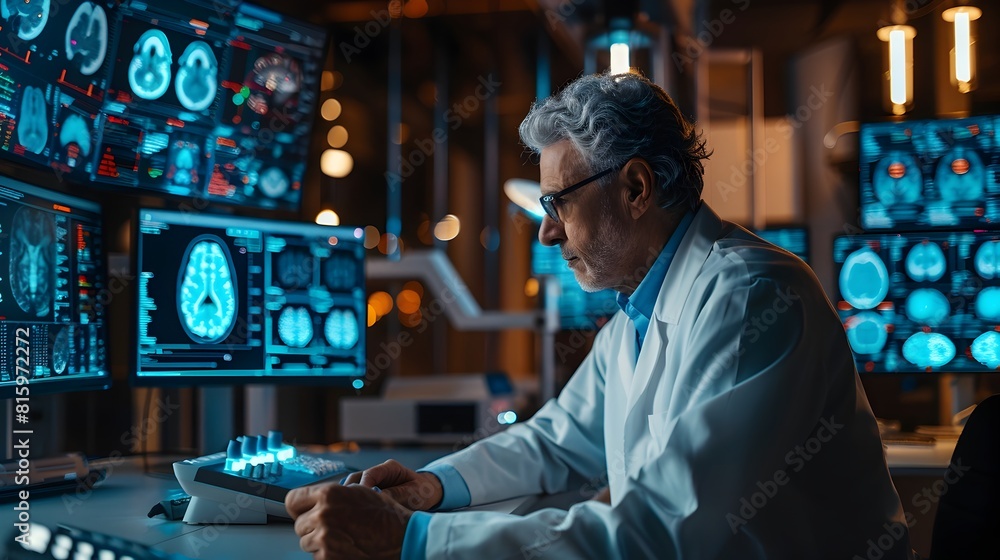 Poster neuroscientist observing brain activity patterns on monitors during cognition test in scientific res