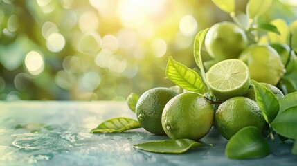 Fresh ripe limes and leaves on a bright table close up Room for text