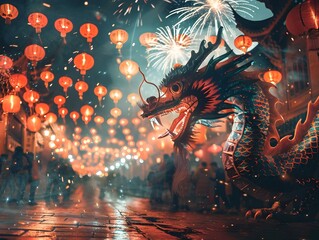 Captivating Chinese New Year Dragon Dance in Bustling Nighttime Street with Festive Fireworks and...