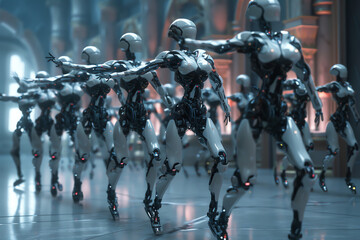Obraz premium Design a robotic ballet group in mid-pose