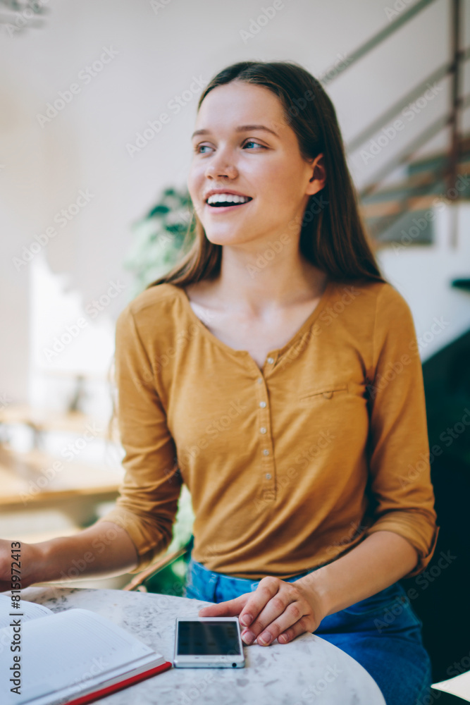 Aufkleber concept of technology and communication, happy cheerful hipster girl enjoying free time at universit