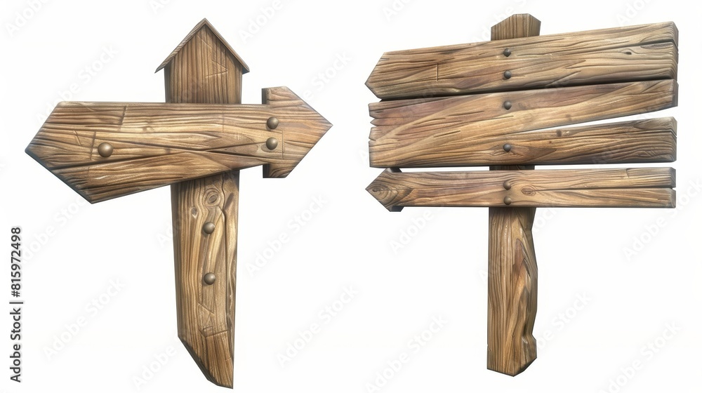 Poster realistic set of 3d wooden arrows for use as a realistic road sign. blank location or destination gu