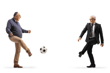 Businessman and a casual mature men playing football