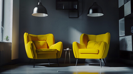 Modern space  yellow armchairs in black and white living room : Generative AI