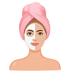 Facial skin care. Woman takes care of her skin. Cosmetic masks. Illustration, vector	