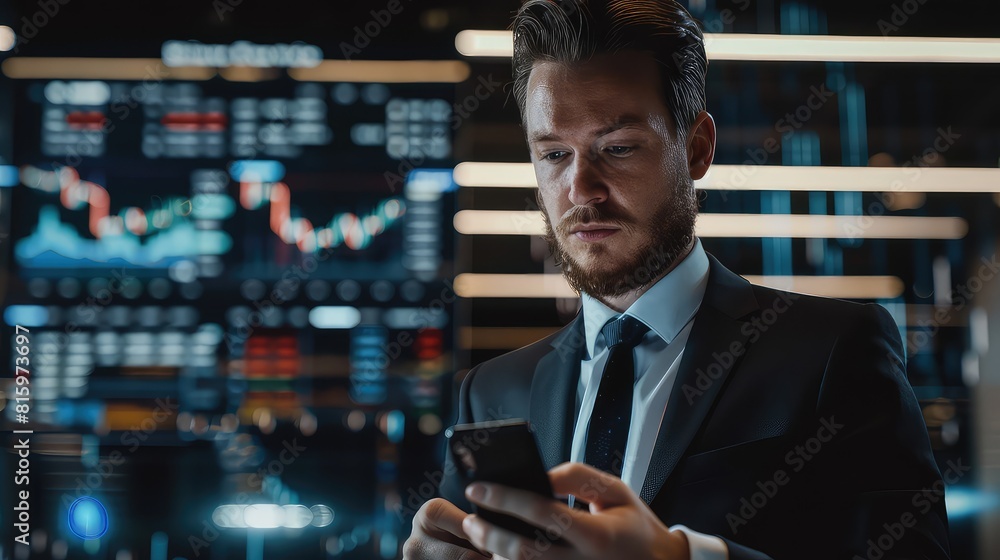 Poster a professional trader in formal attire making informed decisions on his smartphone, with a digital i