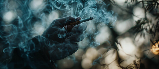 hand holding a lit cigarette in a park, smoke swirling, concept of unhealthiness, subtle color contrastsclose-up