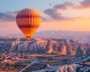 Obraz premium Stunning Hot Air Balloon Soaring Over the Otherworldly Landscapes of Cappadocia at Enchanting Sunrise
