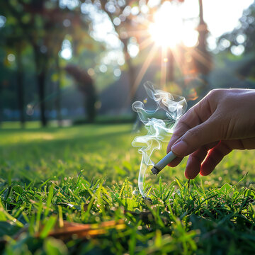 hand releasing smoke from a cigarette, blurred park scene, focus on unhealthy behavior, soft shadowsclose-up